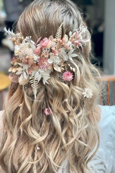 bride wearing a dried flower headpiece